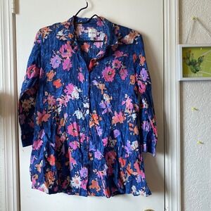 NIC+ZOE‎ Floral Button Down Top Blouse Shirt Blue Pink Orange Small S